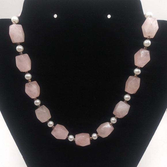 Mid-Century s925 Faceted Rose Quartz/ Pearl Choker - Picture 1 of 8